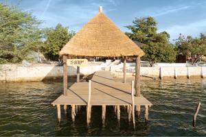 a wooden pier with a straw hut on the water at Chambre quadruple vue mer Le Bouye in Mar Lodj +7 photos