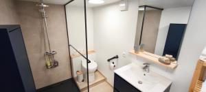 a bathroom with a shower and a sink and a toilet at En aparté in Vielsalm