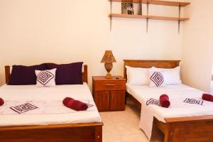 a bedroom with two beds and a night stand at Kandy downtown villa Monza in Bahirawakanda