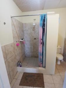 a shower with a shower curtain in a bathroom at Karibik Ocean view Guesthouse Trinidad in Las Cuevas