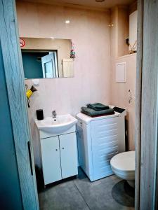a small bathroom with a sink and a toilet at Apartament Na Reymonta in Starogard Gdański