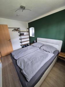 a bedroom with a large bed with a green wall at Thirty Minutes in Ellingstedt