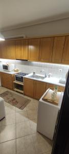 a kitchen with wooden cabinets and a white refrigerator at Volos Seaside Studio in Volos