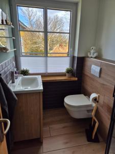 a bathroom with a toilet and a sink and a window at Thirty Minutes in Ellingstedt +8 photos