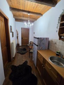 a kitchen with a sink and a wooden ceiling at Olympia Cozy House in Palaios Panteleimonas +10 photos