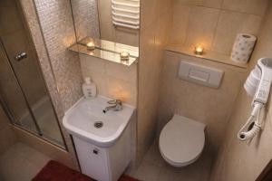 a small bathroom with a sink and a toilet at Domki i Pokoje nad Soliną in Polańczyk +22 photos
