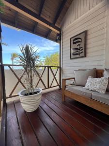 eine Veranda mit einer Bank und einer Topfpflanze in der Unterkunft Alamar Hotel Boutique in Mahahual