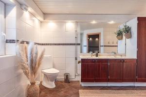 a bathroom with a toilet and a sink and a mirror at Slätterne Gård B&B in Sandviken