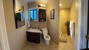 a bathroom with a toilet and a sink and a mirror at Centrally located adu in Eureka +10 photos