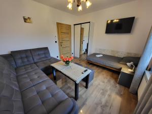 a living room with a couch and a table at Józefinka House of Energylandia Zator in Spytkowice