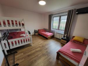 a bedroom with two bunk beds and a window at Józefinka House of Energylandia Zator in Spytkowice