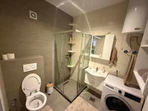 a bathroom with a shower and a toilet and a sink at Eda's Home in Mitrovica +16 photos
