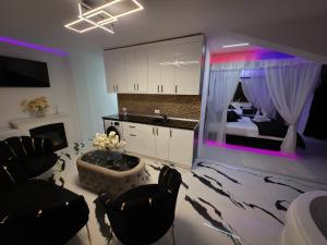 a living room with a kitchen and a bedroom at Luxury Central Studio in Craiova