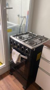 a kitchen with a stove top oven in a kitchen at Villarrica Céntrico in Villarrica +111 photos