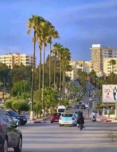 a street with cars and palm trees and buildings at Apartment Hamria Meknes in Meknès