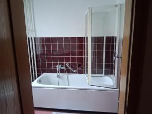 a bath tub with a shower in a bathroom at Unterkunft mit Kindernische in Ober-Mörlen