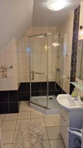a bathroom with a shower and a sink at Pokoje U Rycha in Augustów +33 photos