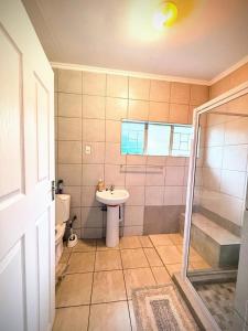 a bathroom with a sink and a shower and a toilet at Green Grove Villa in Centurion +30 photos