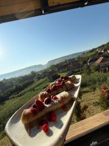 two pastries on a plate on a table with a view at Cazare Conacul Tusinean in Petreştii de Jos