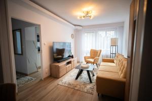 a living room with a couch and a tv at ApartCieszyn - Apartament Liburnia in Cieszyn