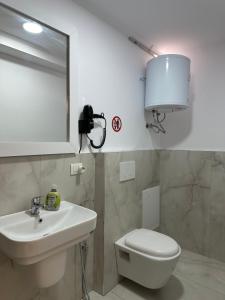 a bathroom with a sink and a toilet and a mirror at Fier Glass Apartament in Fier