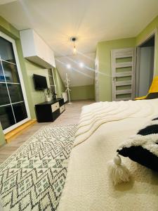 a large bedroom with a large bed with a white blanket at Chata Nova in Milejczyce