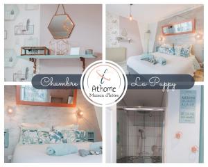 a collage of three pictures of a room with two beds at Maison d'hôtes "At'Home" in Ault