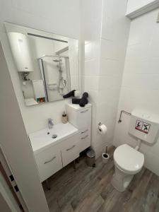 a white bathroom with a toilet and a sink at Casa Lauda in Bad Vöslau in Bad Vöslau