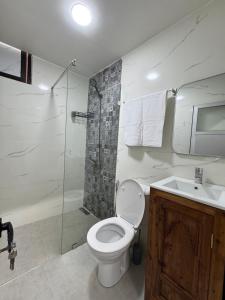 a bathroom with a toilet and a shower and a sink at Riad El abrar in Salé +80 photos