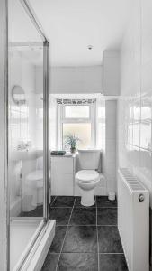 a white bathroom with a toilet and a shower at Bute Seaview in Rothesay