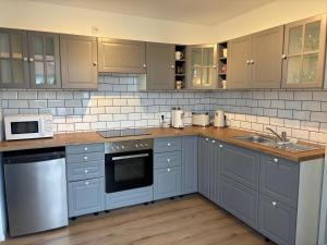 a kitchen with gray cabinets and a sink and a microwave at Ferienwohnung Heinrichshofen in Heinrichshofen