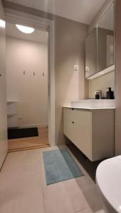 a kitchen with a white counter and a sink at Belgrade Waterfront Lux Studio Apartment in Belgrade