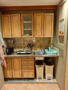 a kitchen with wooden cabinets and a sink at Tom's Alpaca Cottage in Mooncoin