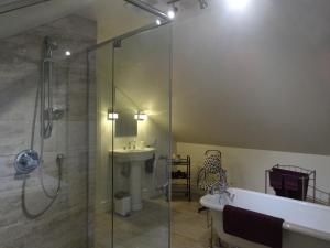 a bathroom with a shower and a tub and a sink at villa du vignoble in Dunham