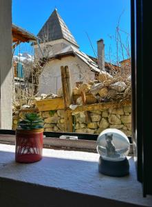 a glass bowl sitting on a window sill with a plant at Le petit refuge in Allos
