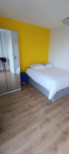 a bedroom with two beds and a yellow wall at Le balcon du square in Rennes