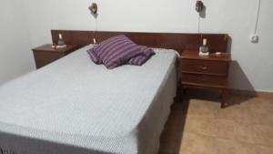 a bedroom with a bed with a purple pillow on it at tómate un descanso in Salto +6 photos