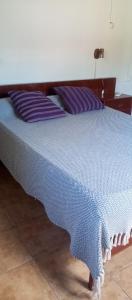 a blue and white bed with purple pillows on it at tómate un descanso in Salto