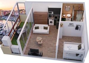 a rendering of a living room and a kitchen at Merveilleuse Port - Piscine - Plage - Climatisation - Commerces in Gruissan