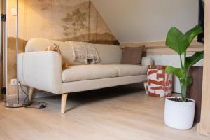 a living room with a couch and a plant at Polderloft 27 in Hengstdijk