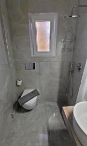 a bathroom with a toilet and a sink and a window at Sundive Apartments in Limenas