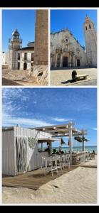 a collage of three pictures of a building on the beach at Penismar Azul in Peniscola