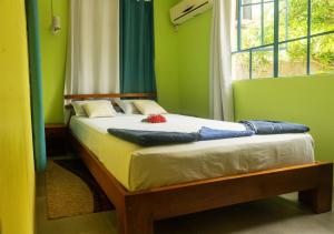 a bed in a room with green walls and a window at Merlin Guest House in Rodrigues Island