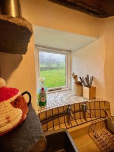 a kitchen counter with a window and a sink at Cissy's Cottage in Hawes