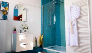 a bathroom with blue tiles and a shower at LA MAISON DE BARLEST - LOURDES in Barlest +20 photos