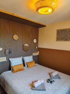 a bedroom with a large bed with two pillows at Une histoire à écrire in Belleville-sur-Saône +34 photos