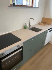 a kitchen with a sink and a counter top at The old bank in Sønderborg