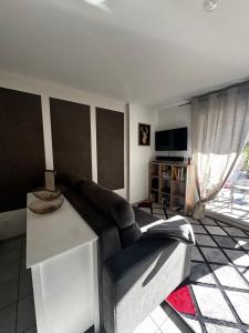 a living room with a couch and a television at Charmant pied à terre entre lac et montagne in Bourdeau