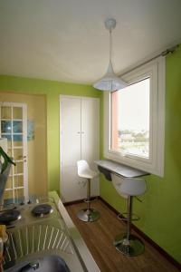 a kitchen with green walls and a sink and a window at La chouette verte in Granville