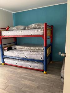two bunk beds in a room with a blue wall at La Casa de Coco in Tlayacapan